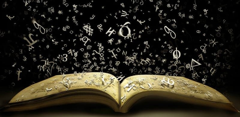 Open book with letters and symbols floating upward, representing natural language generation