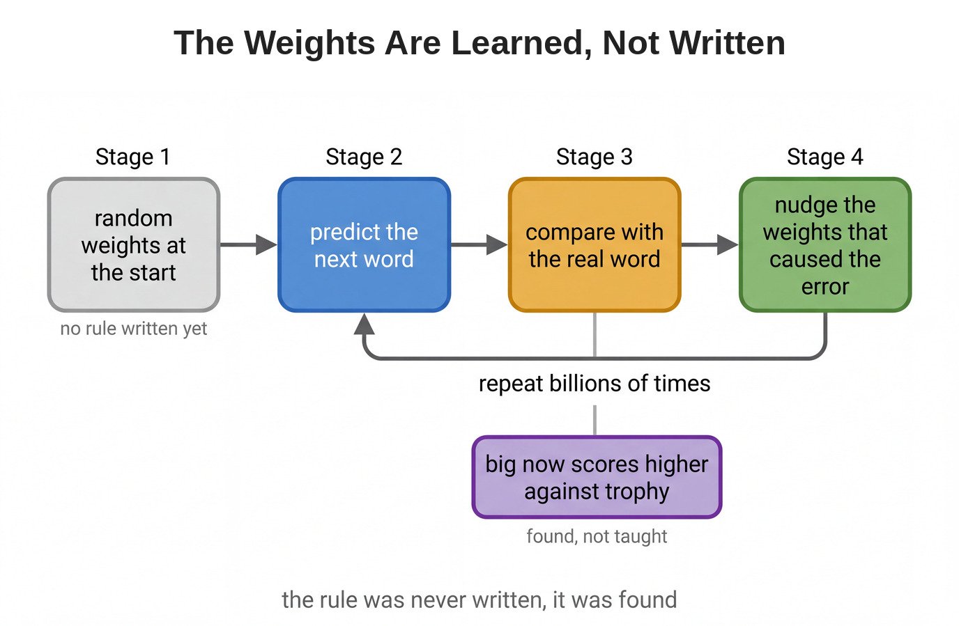 The weights are learned, not written