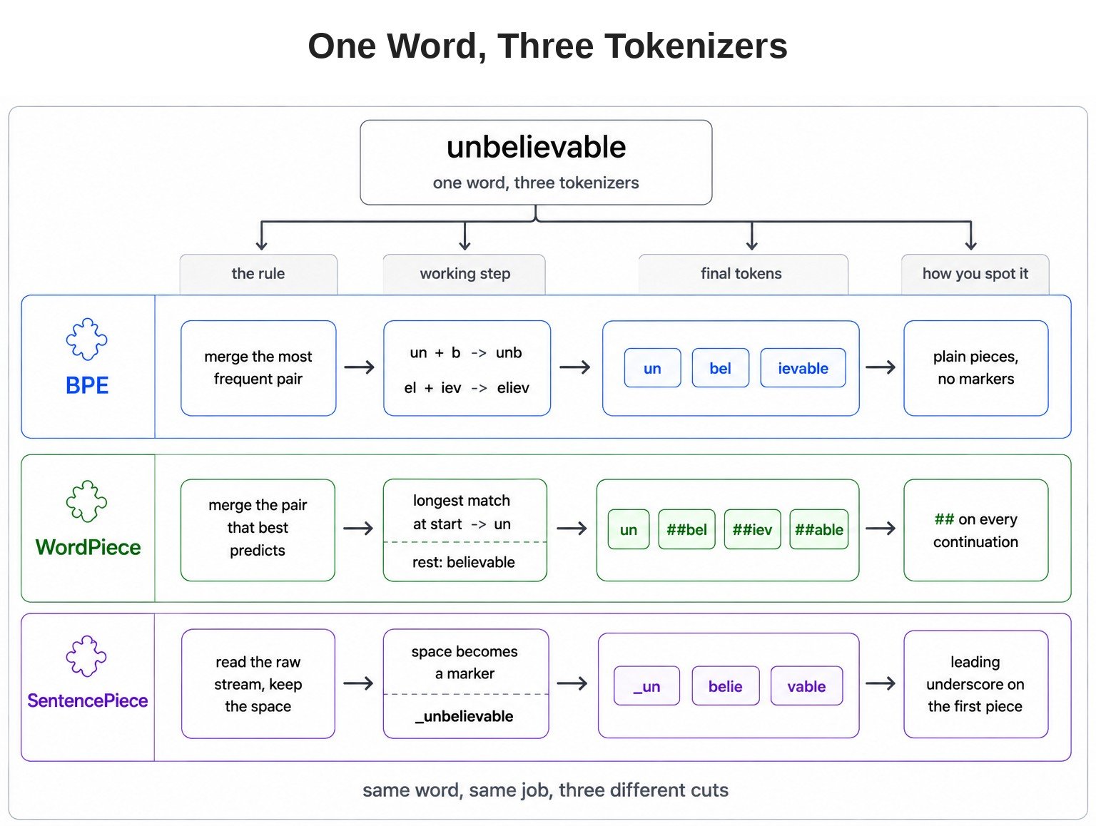 One Word, Three Tokenizers