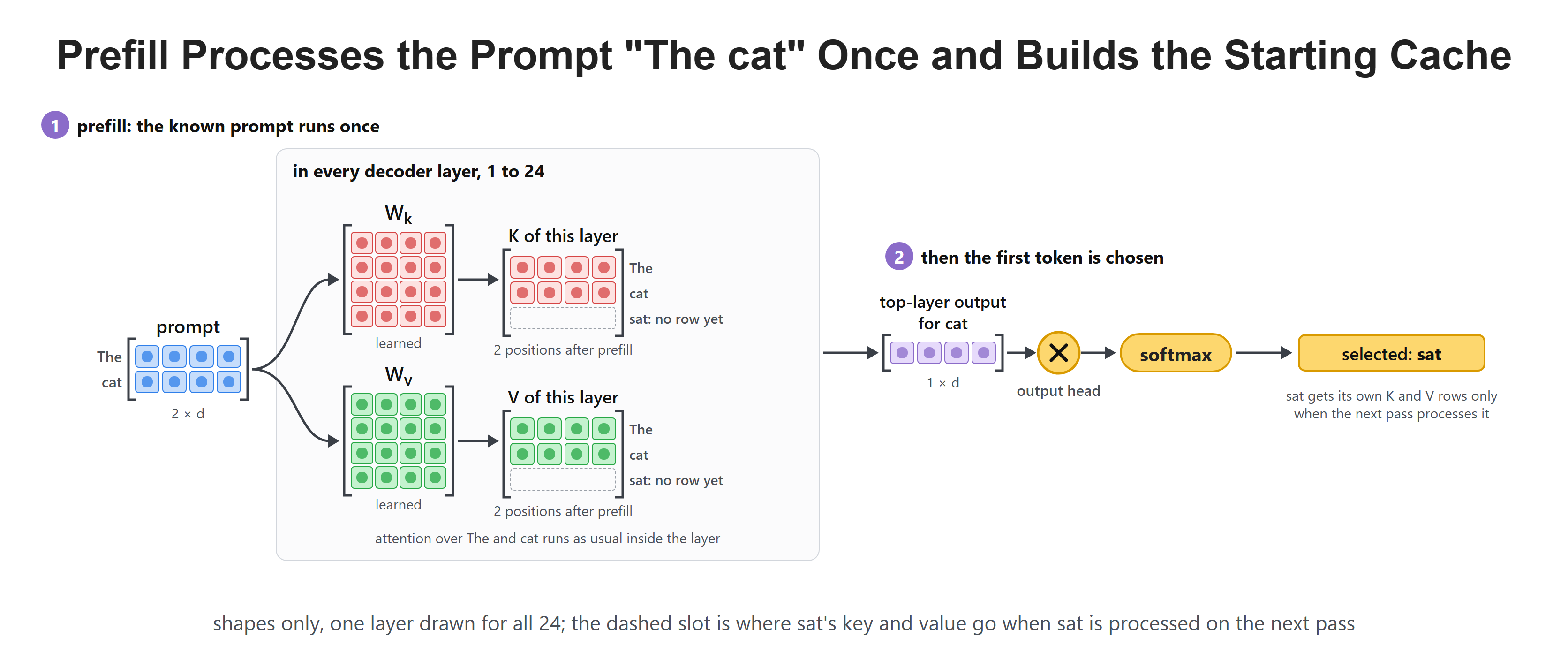Prefill Processes the Prompt "The cat" Once and Builds the Starting Cache