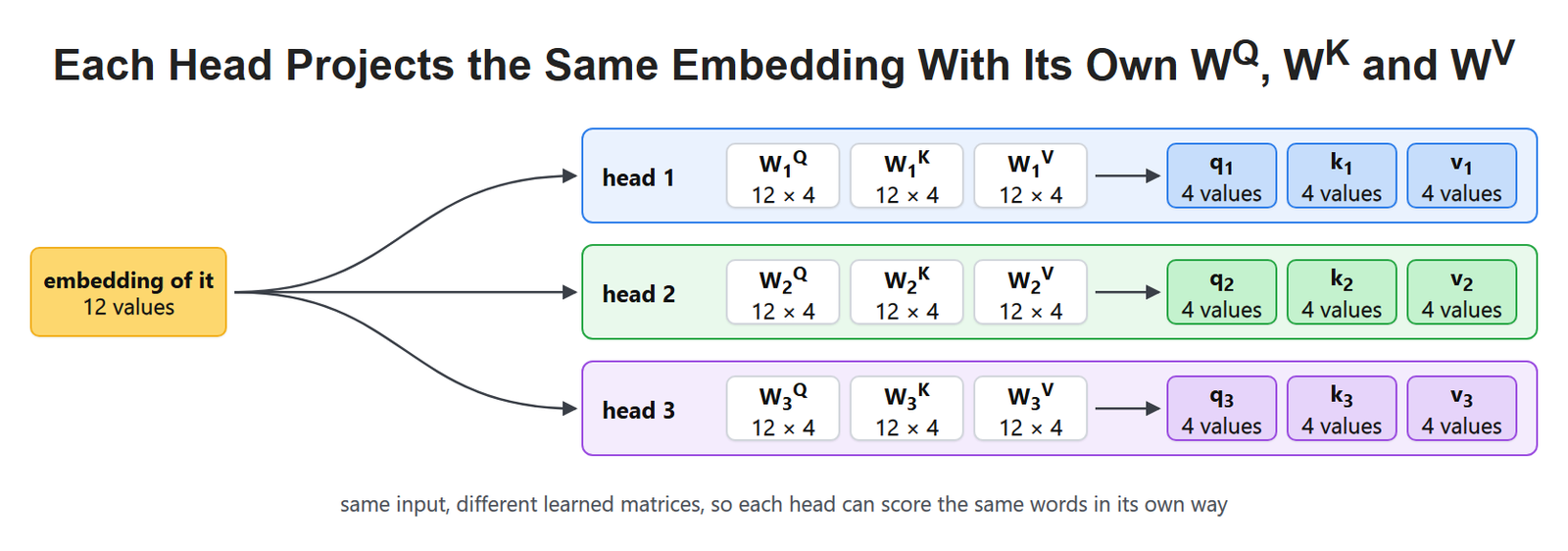 Each Head Projects the Same Embedding With Its Own WQ, WK and WV