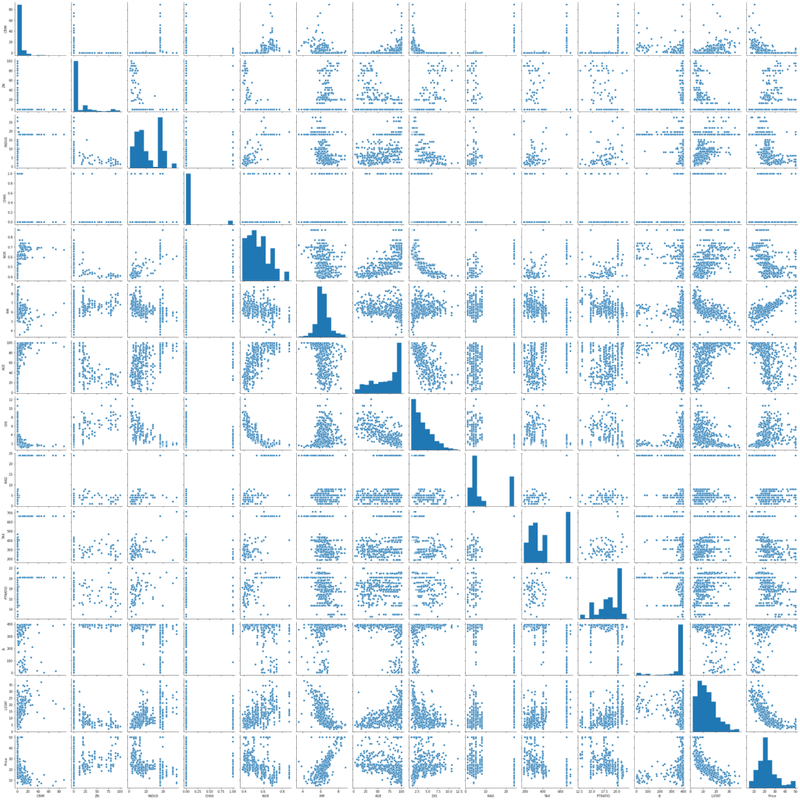 Pairplot scatter matrix showing pairwise relationships between all 14 Boston dataset features including the Price target