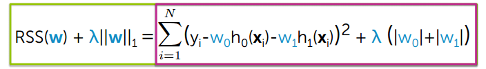 Lasso L1 regularization loss function formula showing RSS plus lambda times the sum of absolute coefficient values
