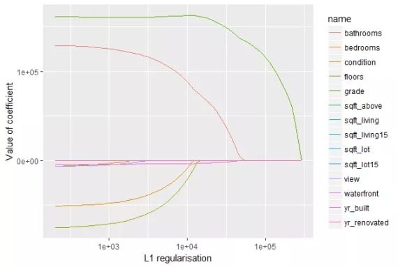 Lasso L1 coefficient paths showing how feature coefficients shrink and reach zero as L1 regularization strength increases