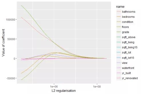 Ridge L2 coefficient paths showing all feature coefficients shrinking smoothly toward zero as L2 regularization strength increases