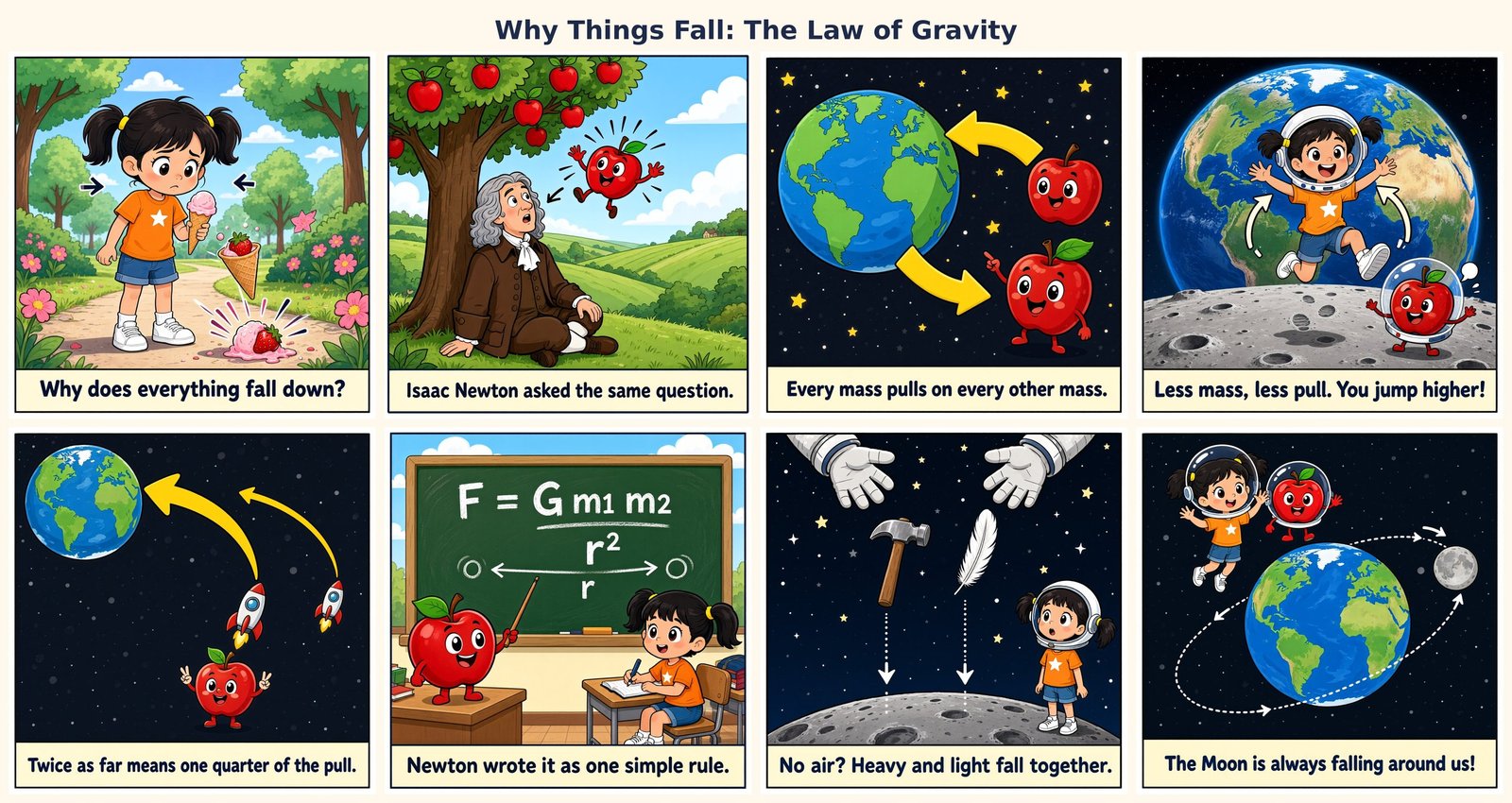 Why Things Fall: The Law of Gravity, an 8-panel science comic in which a talking apple teaches a girl that every mass pulls on every other mass, that the pull gets weaker with distance, the formula F = G m1 m2 over r squared, and why the Moon keeps falling around the Earth