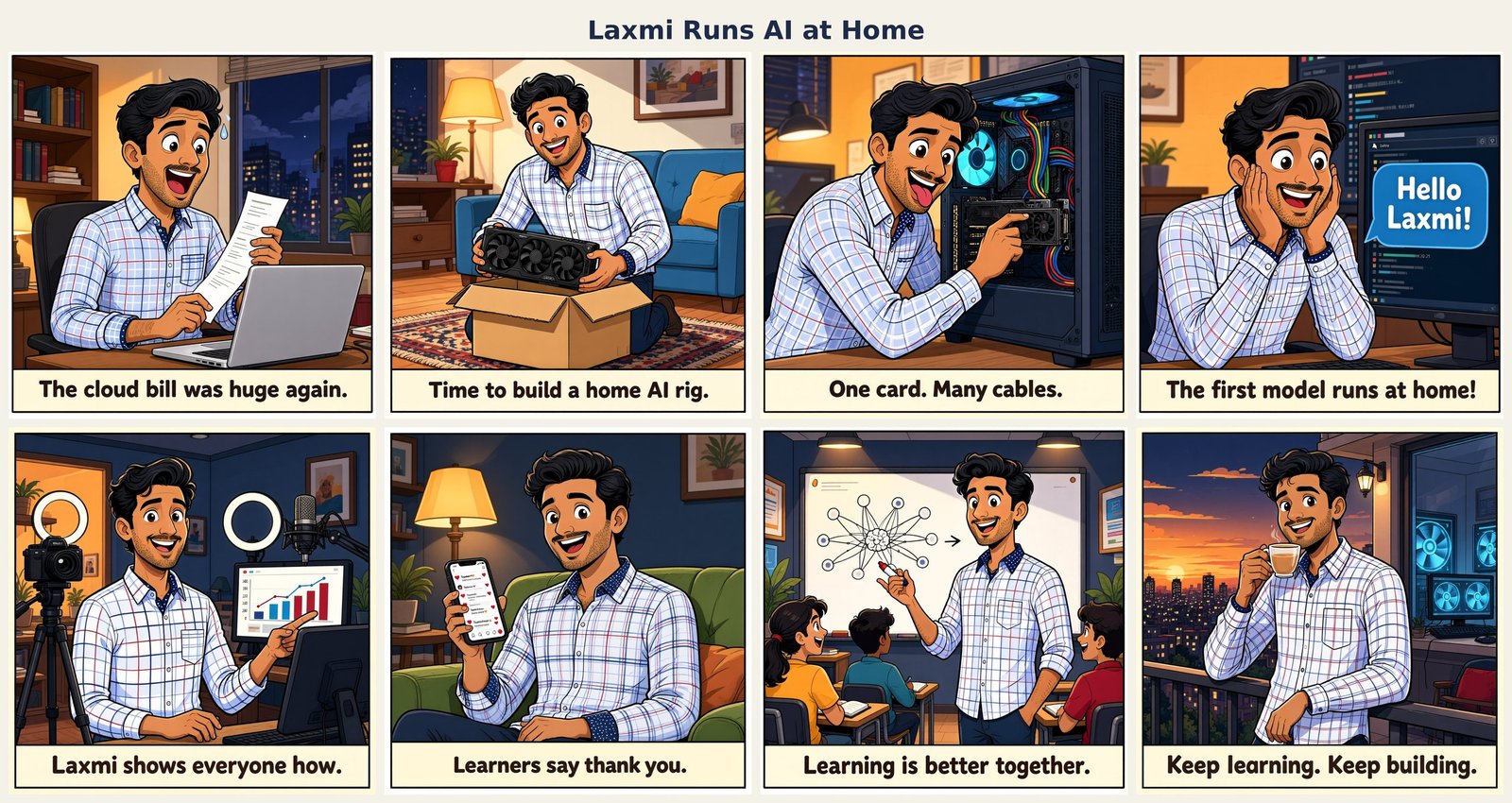 Laxmi Runs AI at Home, an 8-panel webcomic in which the author's cartoon gets a huge cloud bill, builds a home GPU rig, runs a first local model, records a video and teaches students