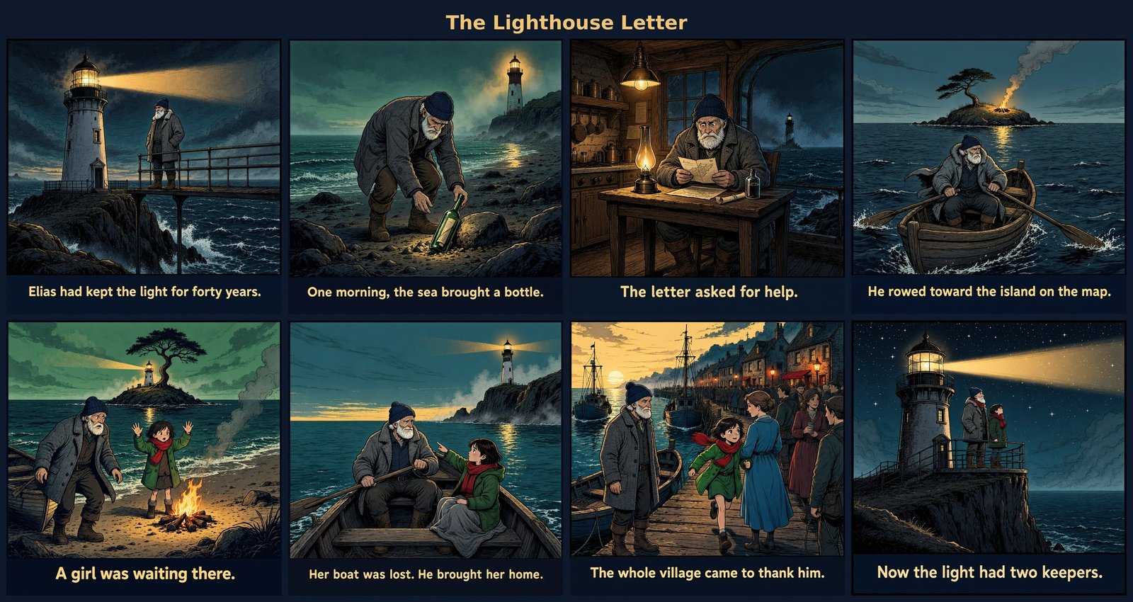 The Lighthouse Letter, an 8-panel ink comic in which an old lighthouse keeper finds a message in a bottle, rows to an island and brings a lost girl home