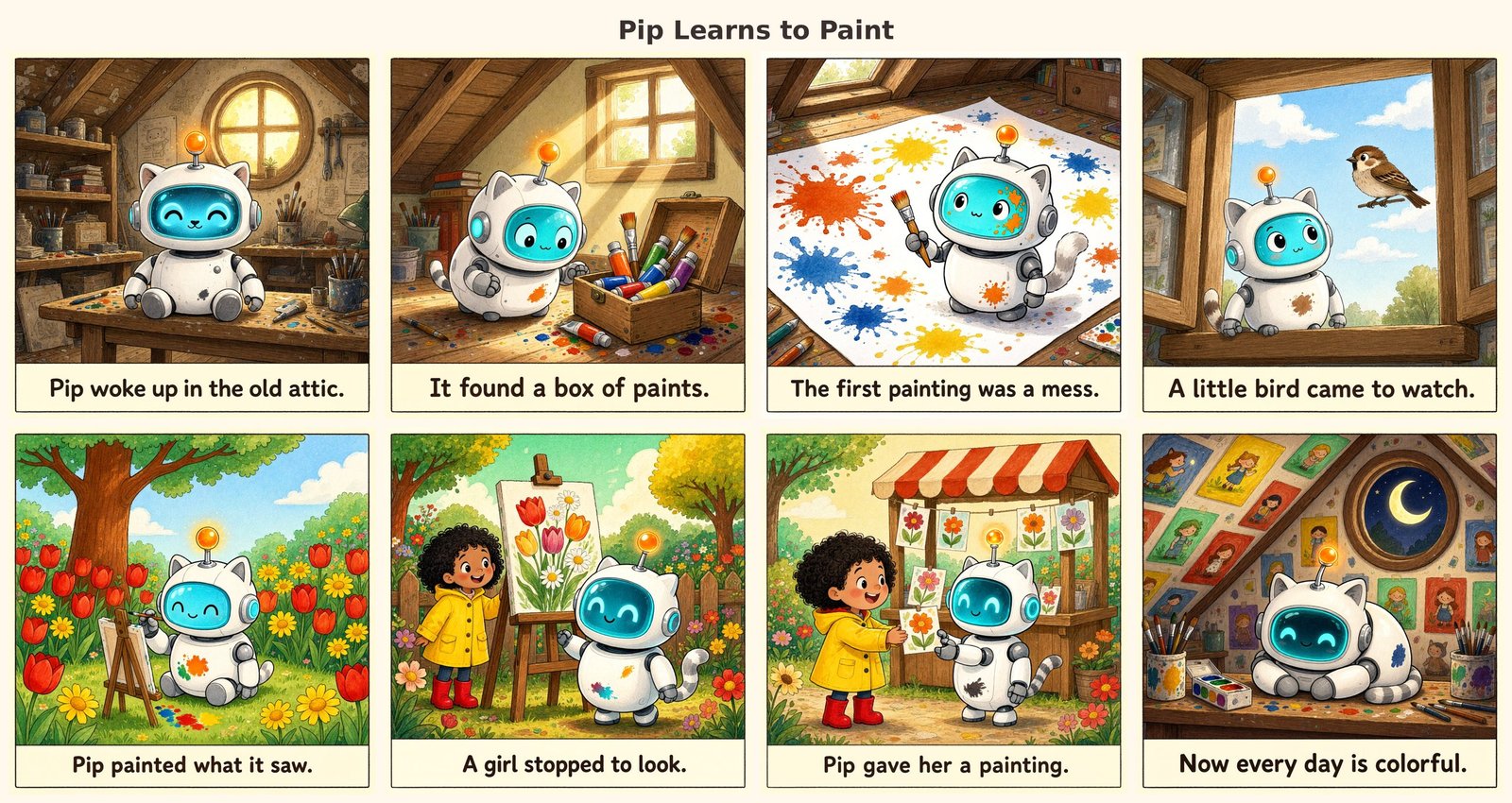 Pip Learns to Paint, an 8-panel watercolor comic in which a small robot finds a paint box, makes a mess, paints a garden and gives a painting to a girl