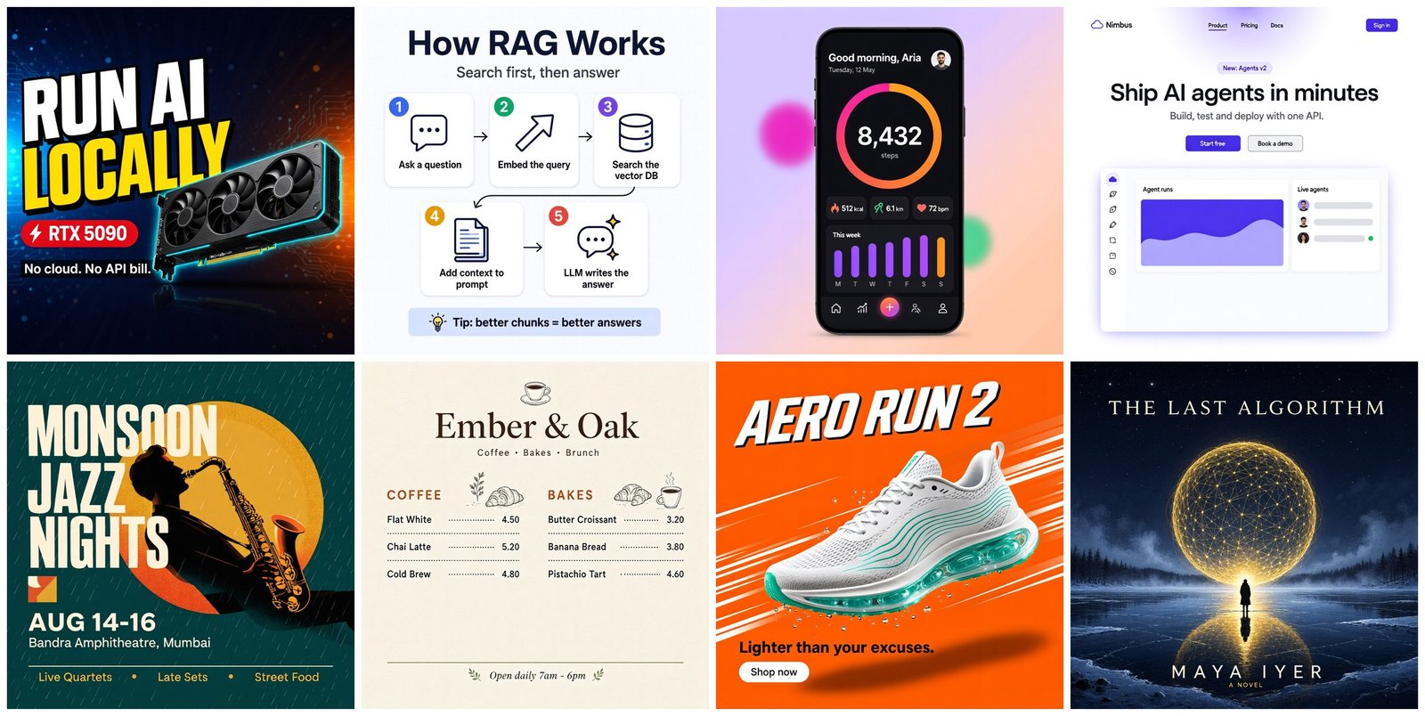 Eight designs made with Ming-Image-0.1-Design: a YouTube thumbnail reading RUN AI LOCALLY, a How RAG Works infographic, a fitness app screen, a SaaS landing page, a jazz festival poster, a cafe menu, a sneaker ad, and a book cover