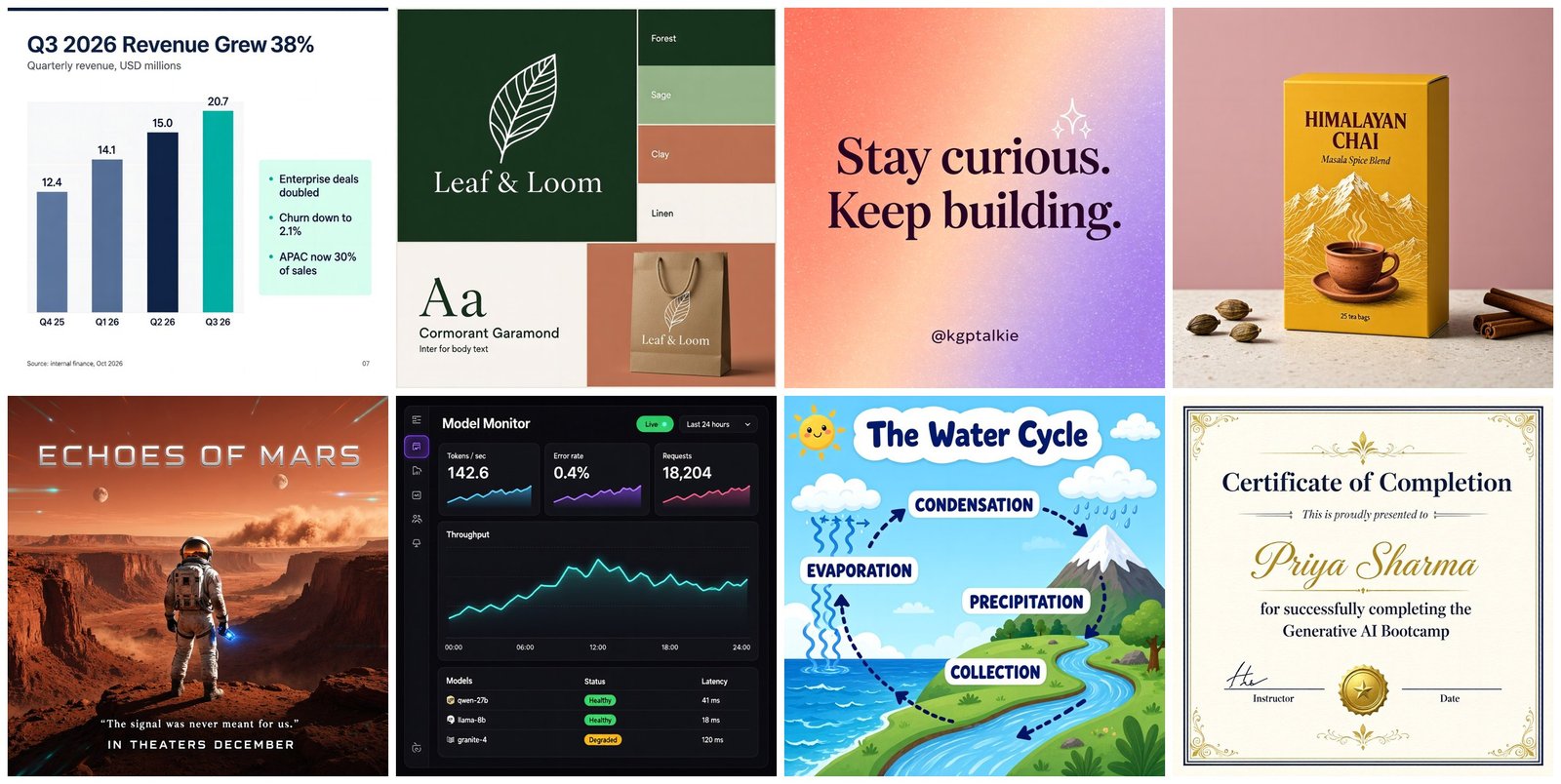 Eight more designs: a quarterly revenue slide with a bar chart, a brand identity board, a quote post, a tea box, a Mars movie poster, a dark dashboard, a water cycle poster for kids, and a certificate