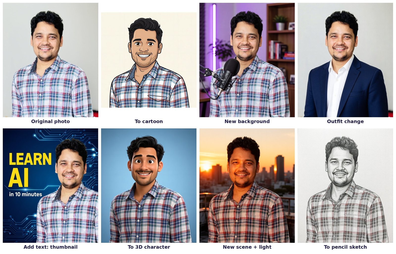 The author's original photo, then seven edits: a flat cartoon, a podcast studio background, a navy blazer, a YouTube thumbnail reading LEARN AI in 10 minutes, a 3D animated character, a rooftop at sunset, and a pencil sketch