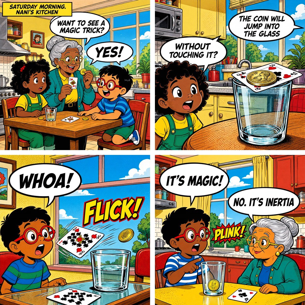 The first four panels of The Coin That Wouldn't Move drawn by Ming-Image-0.1-Design: Nani offers a magic trick, Maya asks about the coin on the card, Leo watches the card flick away, and Nani explains inertia