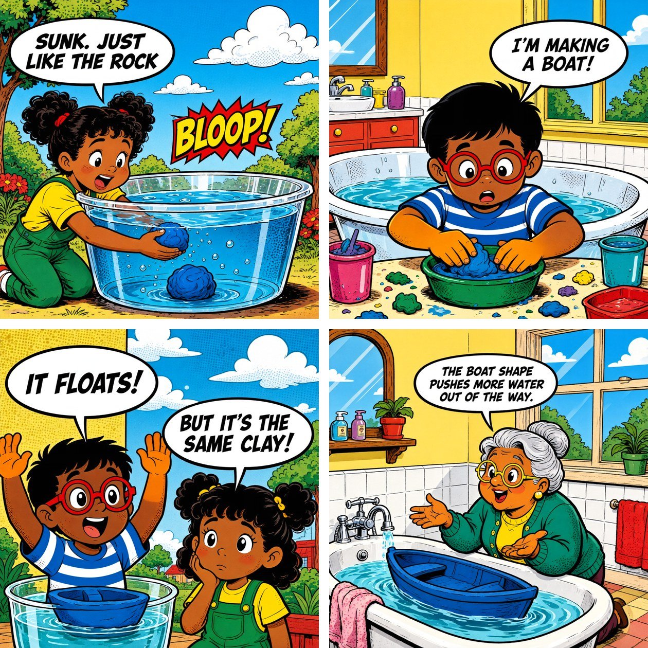 Panels 5 to 8 of Why Didn't the Ship Sink? drawn by Ming-Image-0.1-Design: the clay ball sinks, Leo shapes a boat, the boat floats, and Nani explains that the boat shape pushes more water out of the way