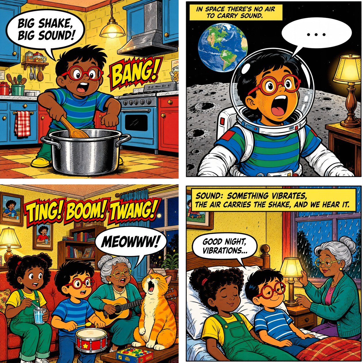 The last four panels of The Night the Music Came Alive drawn by Ming-Image-0.1-Design: Leo bangs a pot, Leo in a space suit on the Moon hearing nothing, the family band, and bedtime with the closing caption