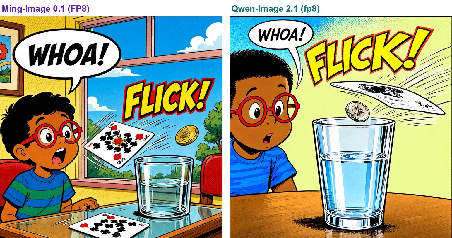 The card flick panel, Ming-Image-0.1-Design on the left and Qwen-Image 2.1 on the right: the card flies off a glass of water while the coin hangs above it