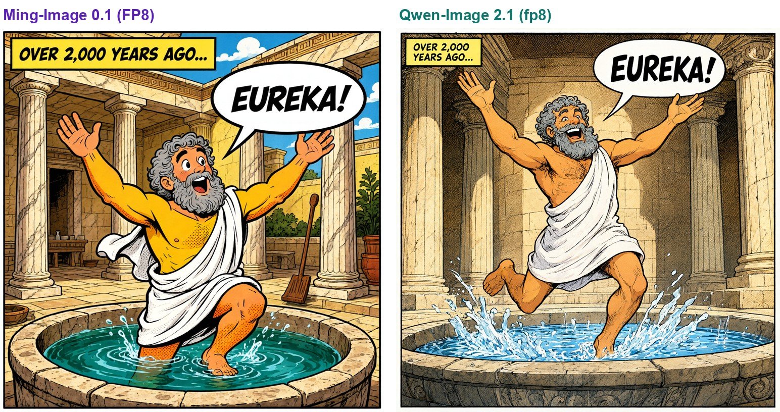 Archimedes leaping from the bath shouting EUREKA, Ming-Image-0.1-Design on the left and Qwen-Image 2.1 on the right