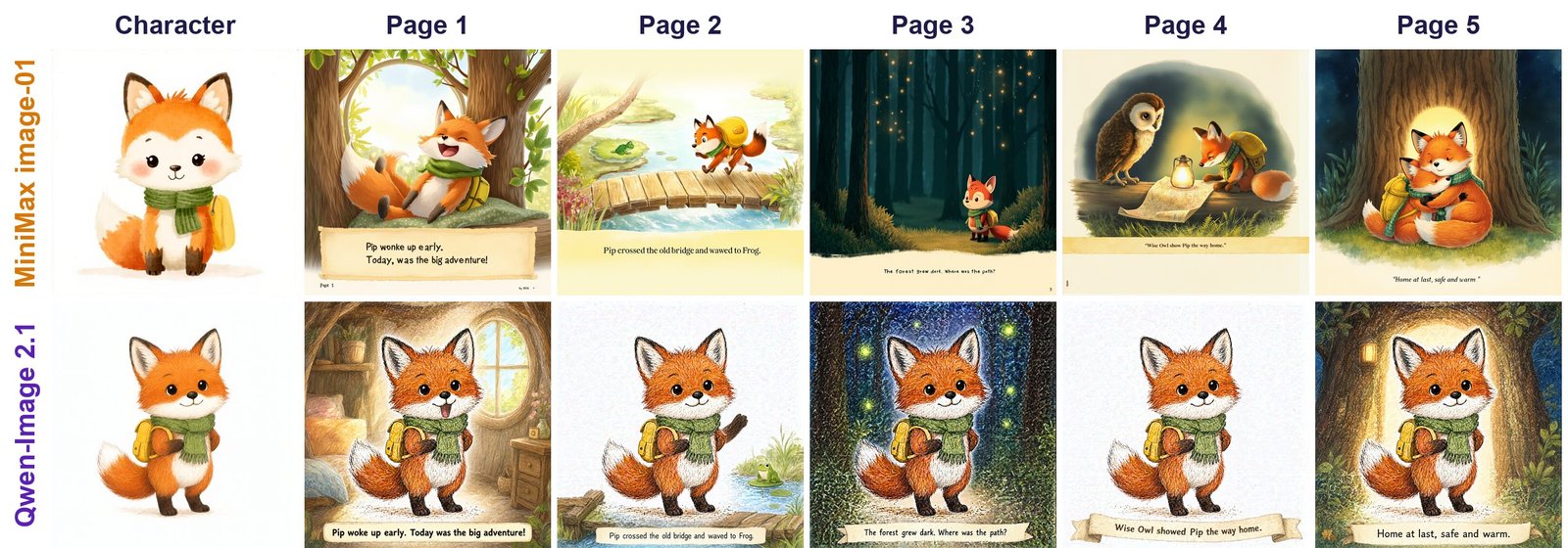 Pip character sheet and five storybook pages, MiniMax image-01 on the top row and Qwen-Image 2.1 on the bottom row