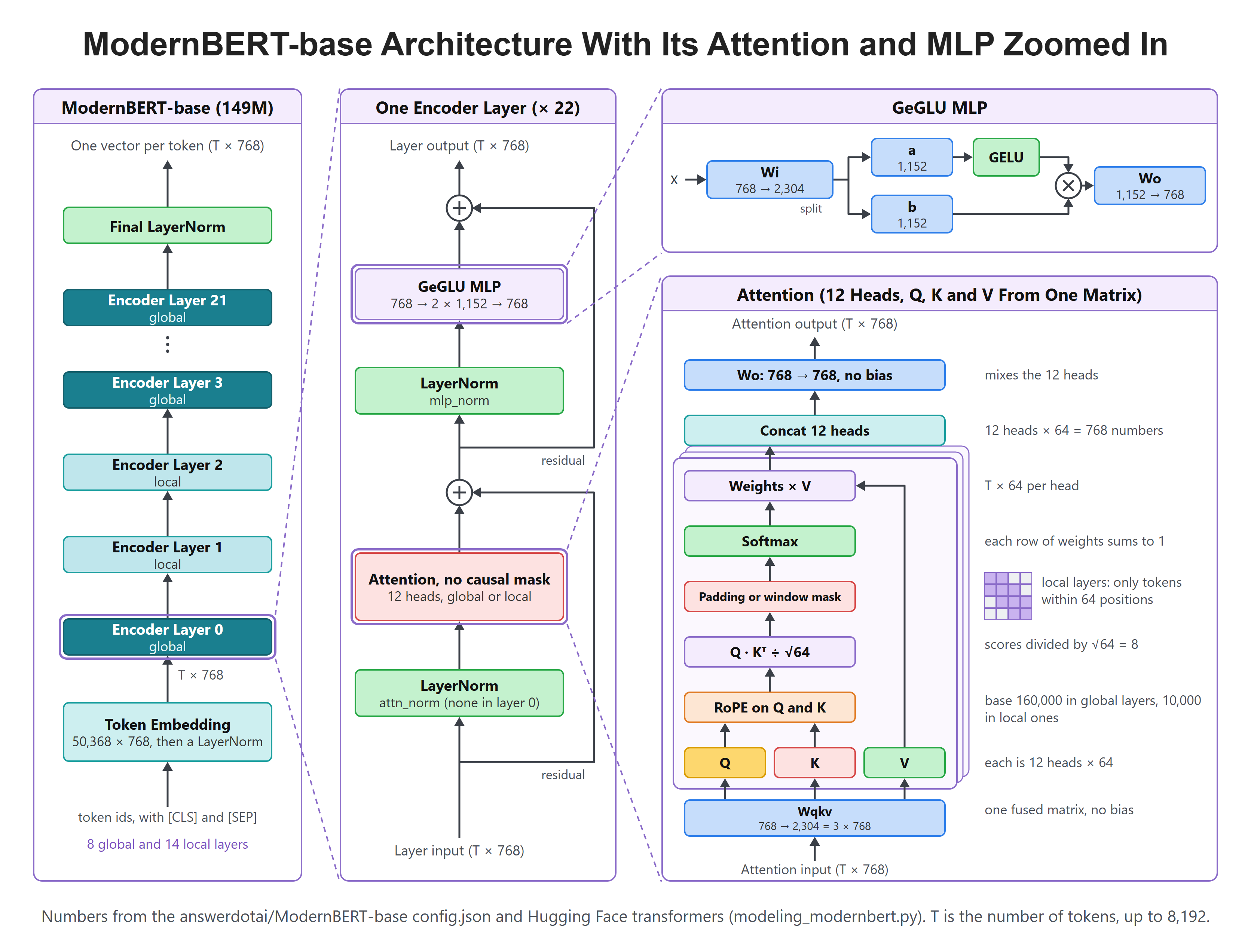 ModernBERT-base Architecture With Its Attention and MLP Zoomed In