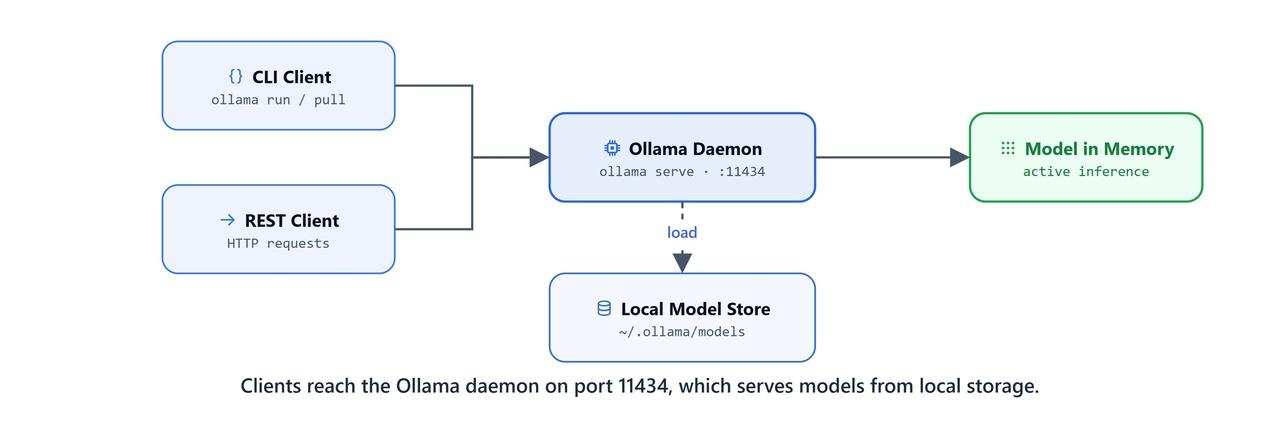 Ollama local runtime architecture showing setup, model registry, daemon, local model store, CLI, and HTTP clients