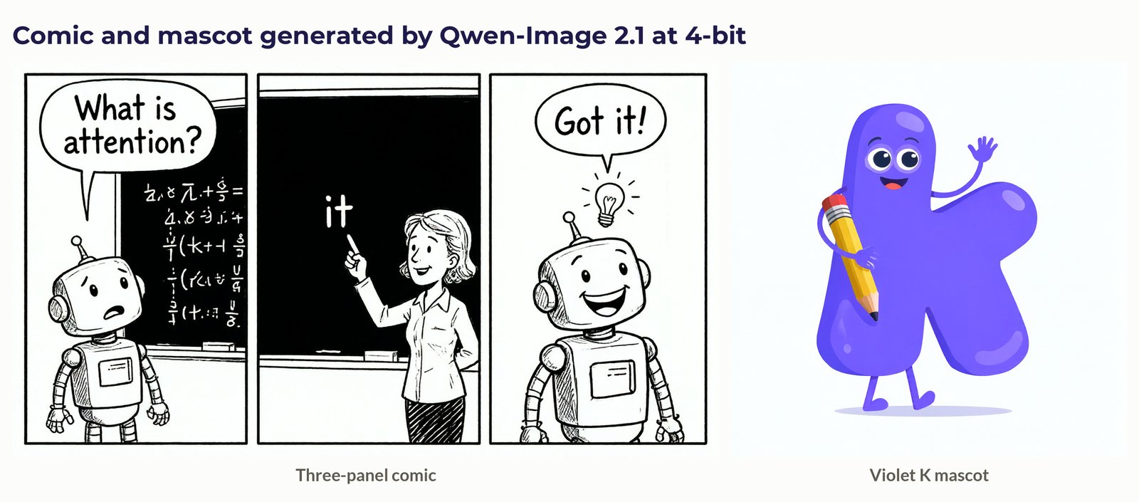 Collage of a three-panel robot comic and a violet K mascot generated by Qwen-Image 2.1 at 4-bit