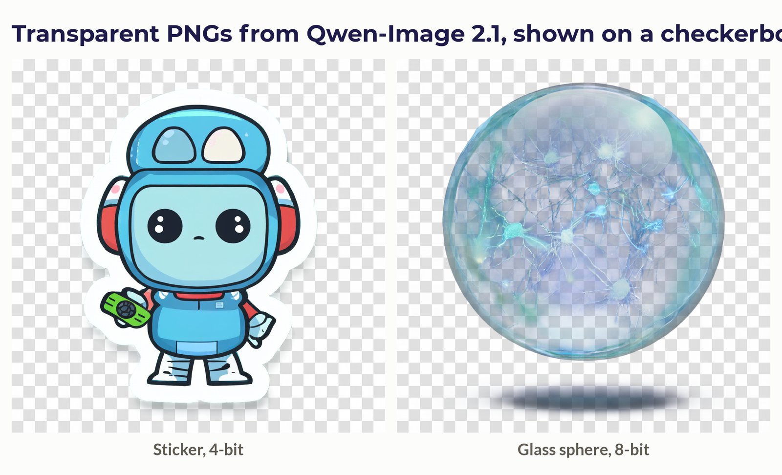 Collage of transparent PNGs generated by Qwen-Image 2.1, a sticker at 4-bit and a glass sphere at 8-bit, shown on a checkerboard