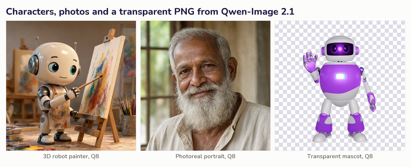 Collage of a 3D robot painter, a photoreal portrait of an old man and a transparent robot mascot on a checkerboard, all generated by Qwen-Image 2.1 on a MacBook at Q8