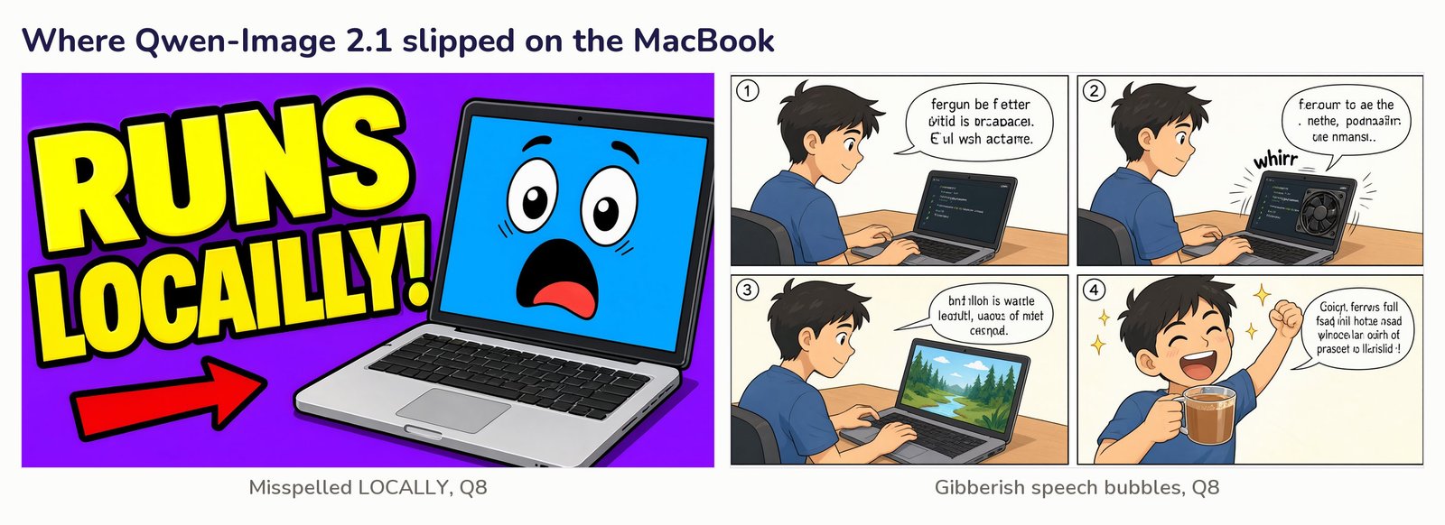 Collage of two Qwen-Image 2.1 failures on a MacBook at Q8: a thumbnail that misspells LOCALLY and a four-panel comic with gibberish speech bubbles