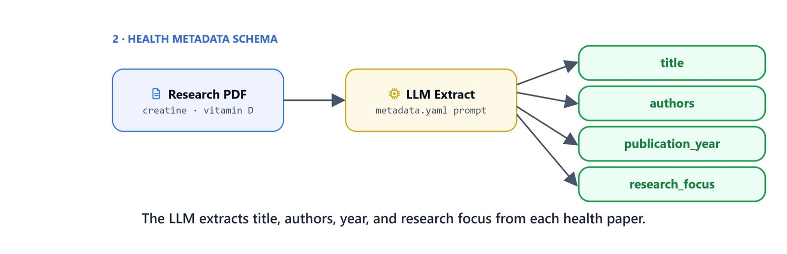 The LLM extracts title, authors, year, and research focus from each health paper