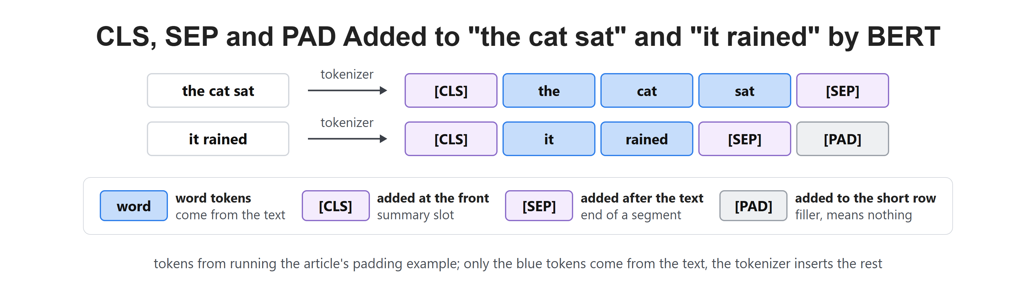 CLS, SEP and PAD Added to "the cat sat" and "it rained" by BERT
