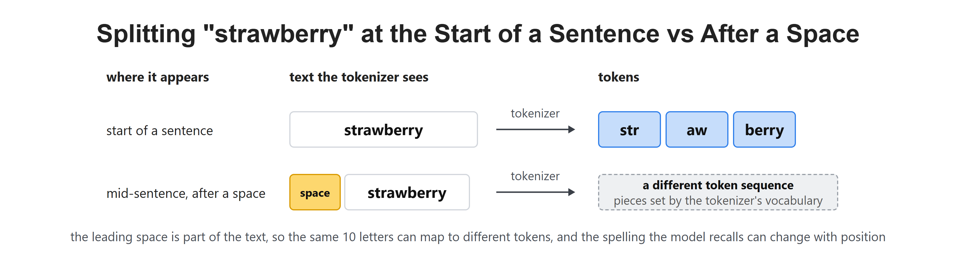 Splitting "strawberry" at the Start of a Sentence vs After a Space